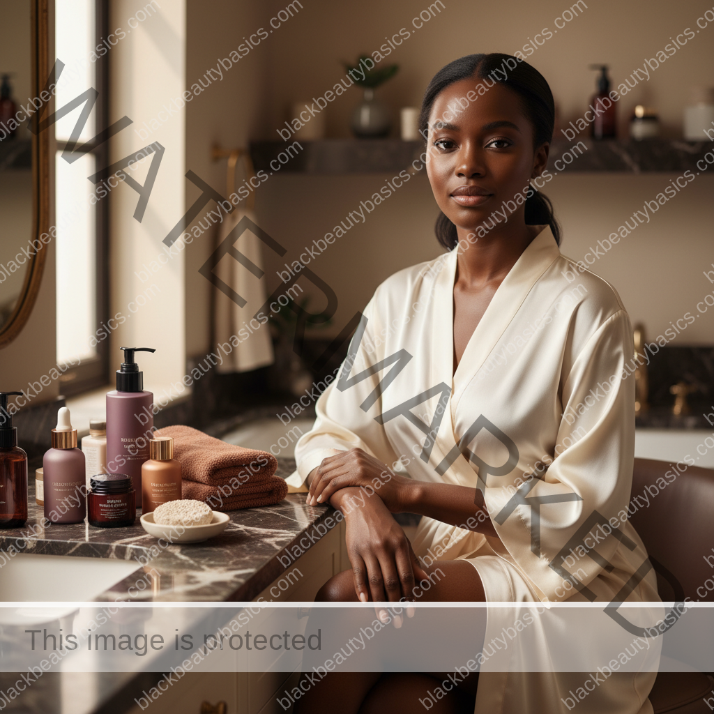 Melanin-rich Black woman with rich brown skin and textured hair in a warm editorial dark-skin care moment for Clothing, Detergents, and Chronic Skin Irritation on Dark Skin