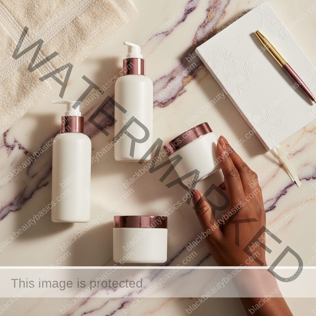 Dark-skin care essentials for Clothing, Detergents, and Chronic Skin Irritation on Dark Skin in ivory plum bronze and soft gold tones