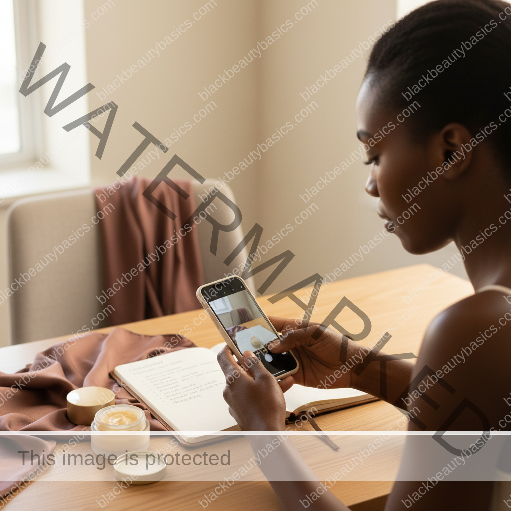 Melanin-rich Black woman with rich brown skin and textured hair using a practical care or documentation step with natural hands and correct anatomy