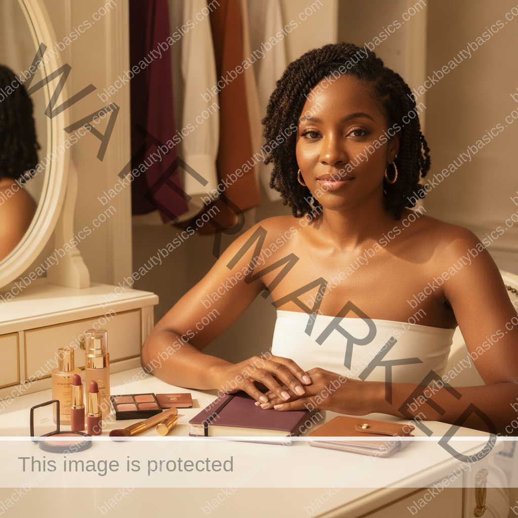 Melanin-rich Black woman with rich brown skin relaxed after defining beauty on her own terms