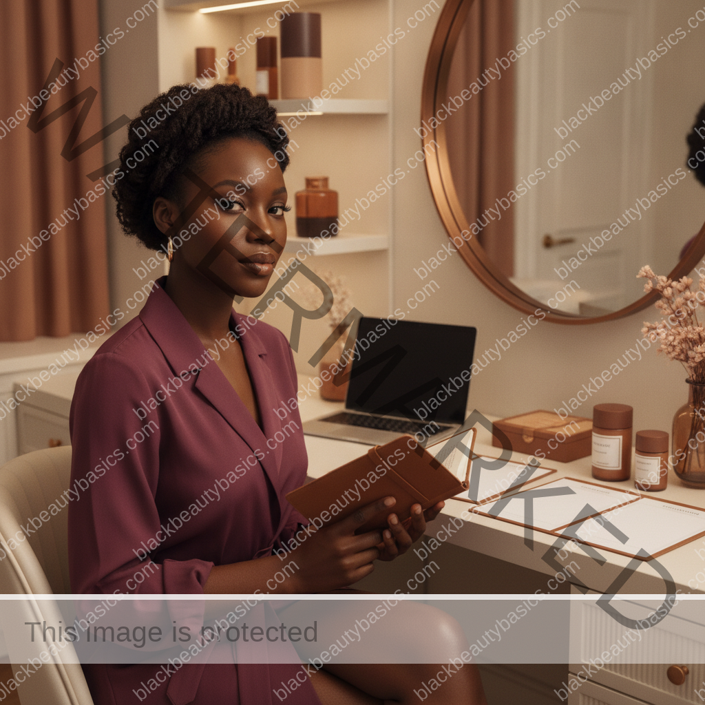 Melanin-rich Black woman with rich brown skin navigating beauty choices in a realistic editorial setting