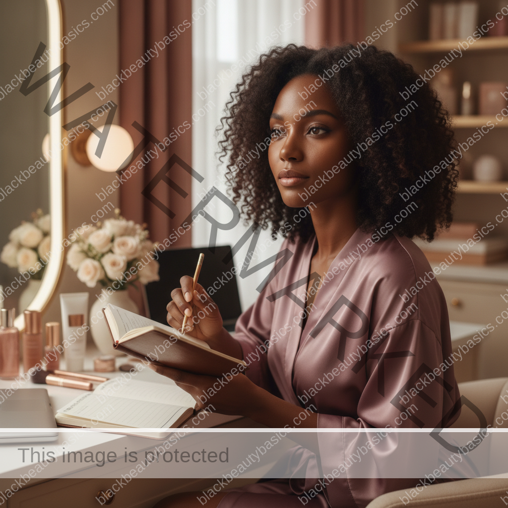 Melanin-rich Black woman with rich brown skin in a calm reflective beauty moment