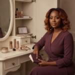 Melanin-rich Black woman with rich brown skin in a warm editorial beauty identity moment for Colorism and “Professional Beauty” Pressure at Work