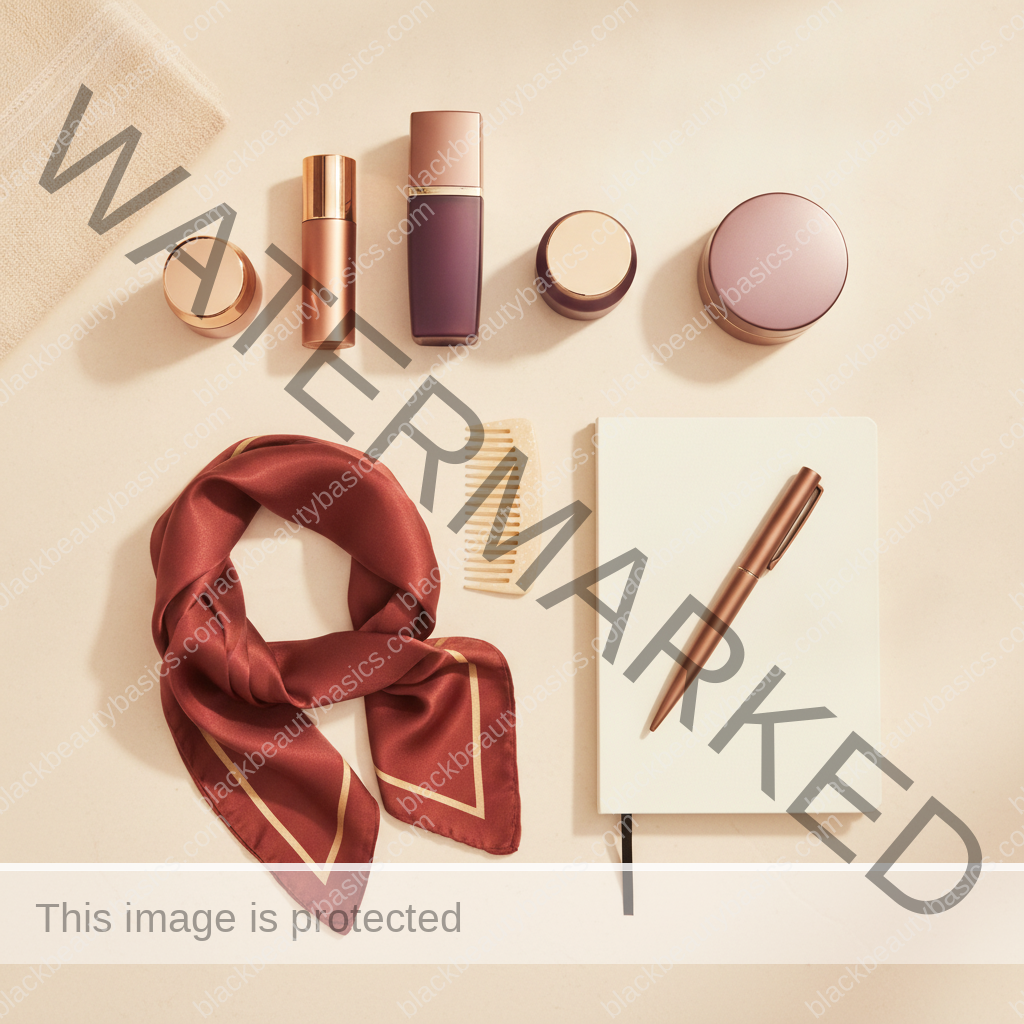 Clean intentional beauty flat lay for Colorism and “Professional Beauty” Pressure at Work in ivory plum bronze and soft gold tones