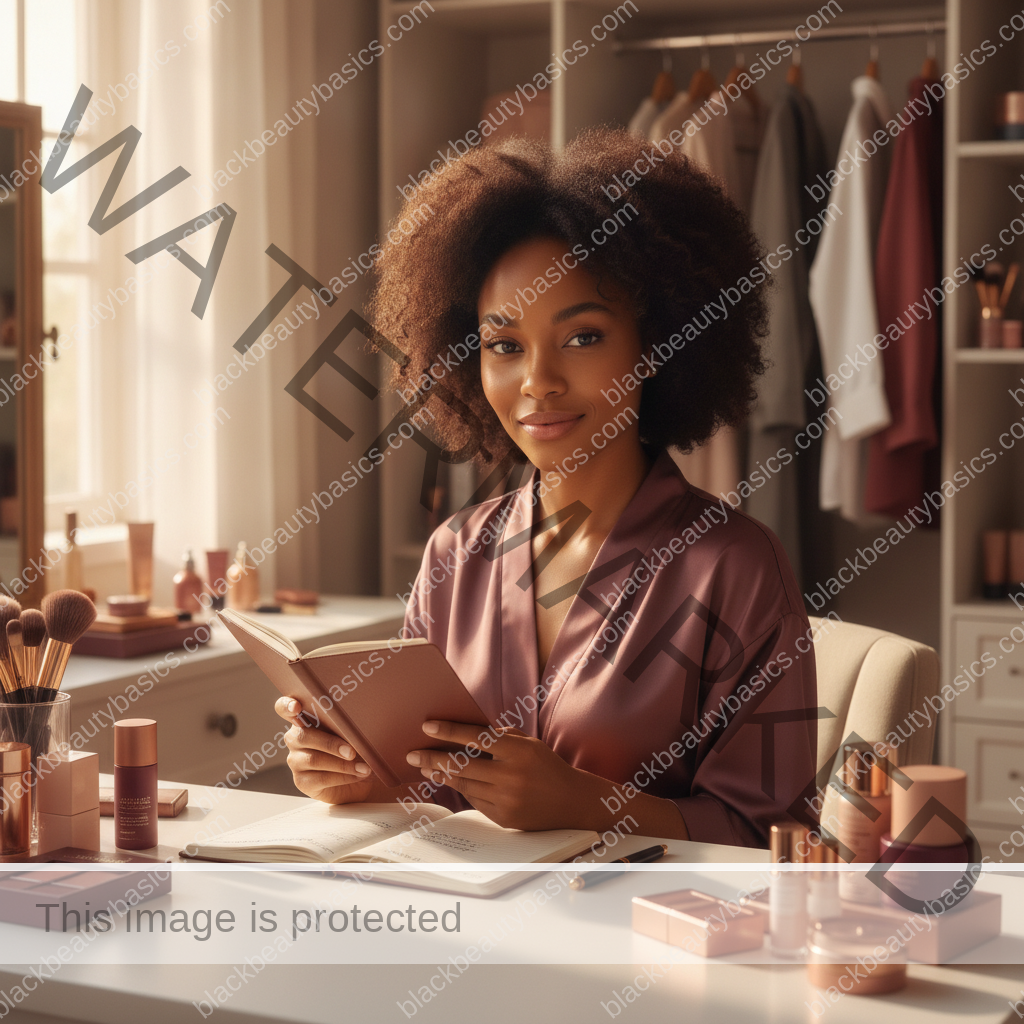 Melanin-rich Black woman with rich brown skin completing an intentional beauty decision step with natural hands