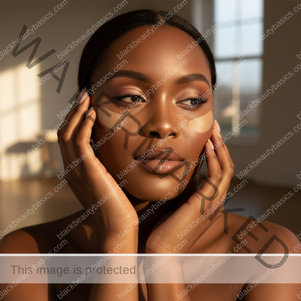 Melanin-rich Black woman with rich brown skin and textured hair relaxed with dimensional makeup for deep skin