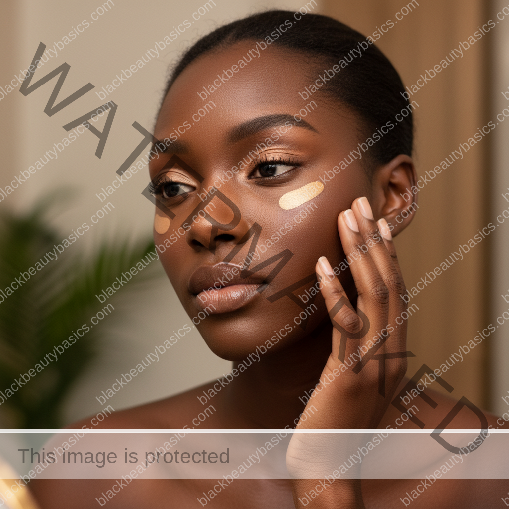 Melanin-rich Black woman with rich brown skin and textured hair in a calm mirror moment checking makeup undertone and finish