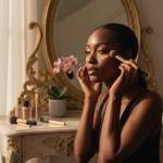 Melanin-rich Black woman with rich brown skin and textured hair in a warm editorial makeup moment for Concealer Placement on Deep Skin for Natural-Looking Brightness