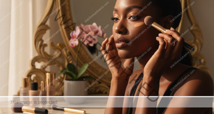 Melanin-rich Black woman with rich brown skin and textured hair in a warm editorial makeup moment for Concealer Placement on Deep Skin for Natural-Looking Brightness