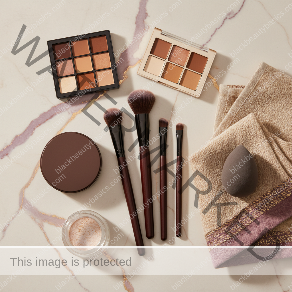 Deep skin makeup essentials for Concealer Placement on Deep Skin for Natural-Looking Brightness in ivory plum bronze and soft gold tones