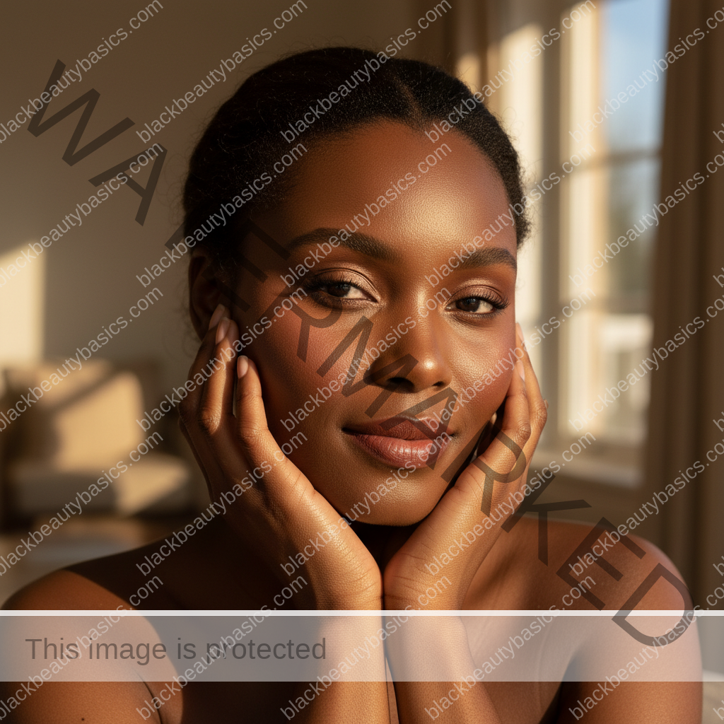 Melanin-rich Black woman with rich brown skin and textured hair relaxed with dimensional makeup for deep skin