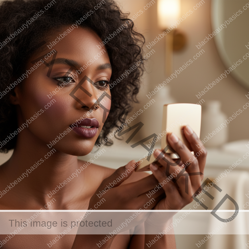 Melanin-rich Black woman with rich brown skin and textured hair in a calm mirror moment checking makeup undertone and finish