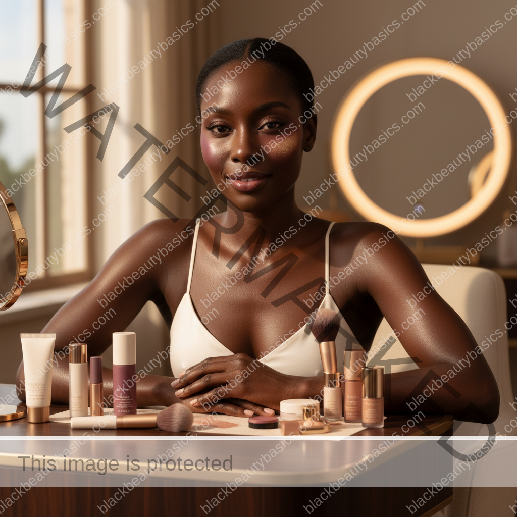 Melanin-rich Black woman with rich brown skin and textured hair in a warm editorial makeup moment for Cream vs Powder Blush on Dark Skin