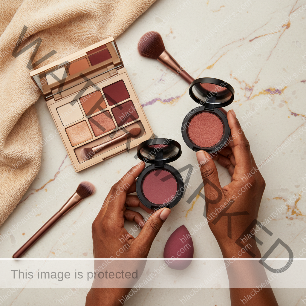 Deep skin makeup essentials for Cream vs Powder Blush on Dark Skin in ivory plum bronze and soft gold tones