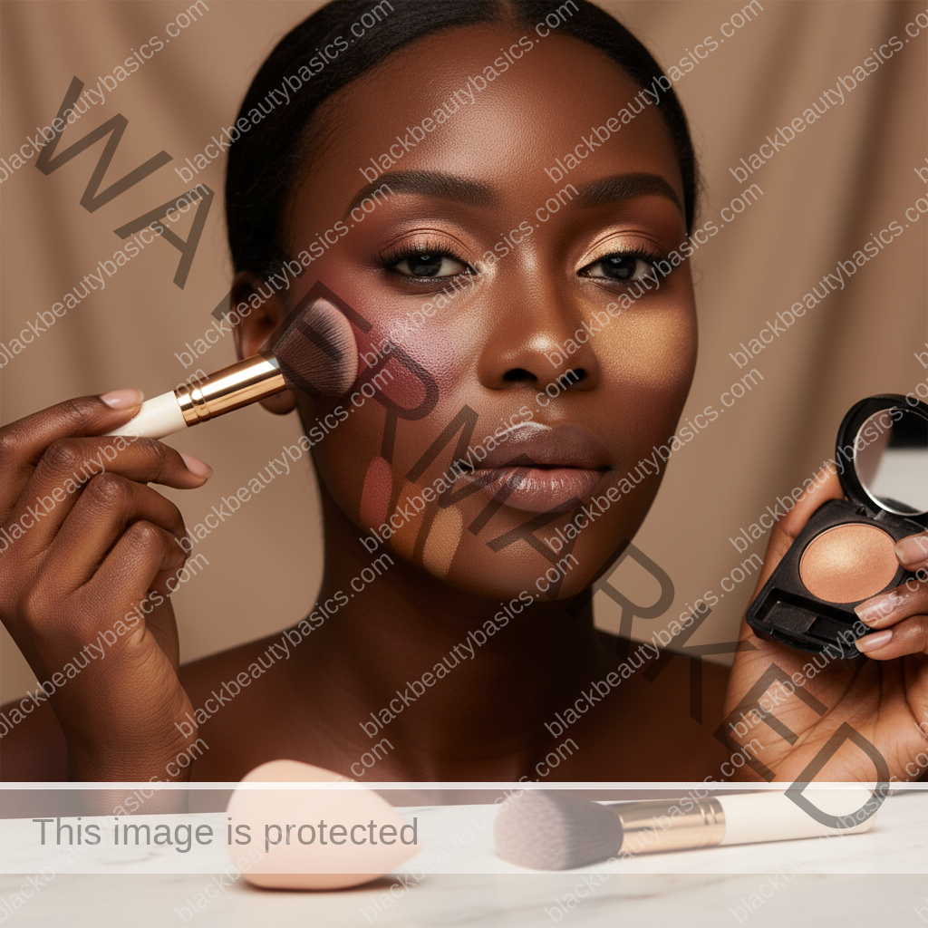 Melanin-rich Black woman with rich brown skin and textured hair using a practical makeup application step with natural hands and correct anatomy