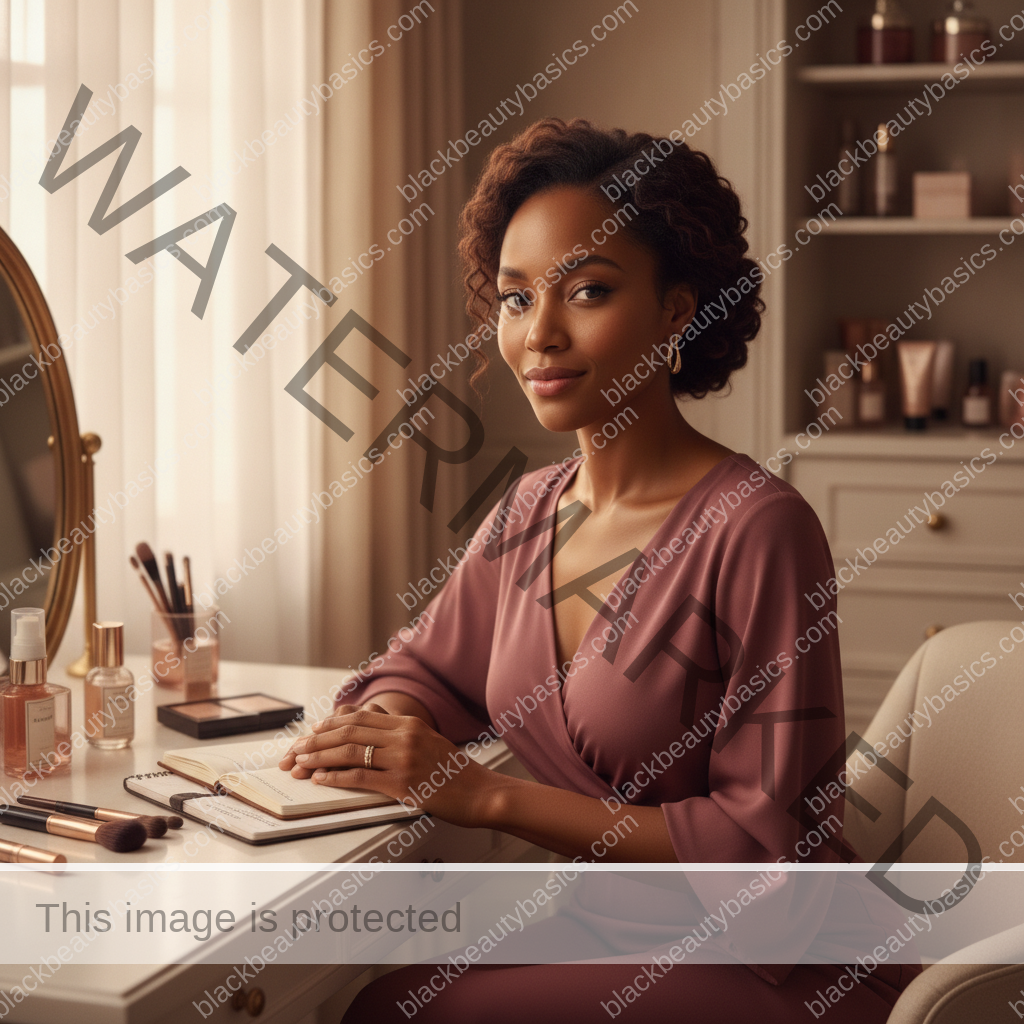 Melanin-rich Black woman with rich brown skin relaxed after defining beauty on her own terms