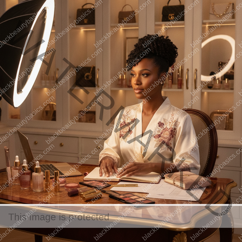 Melanin-rich Black woman with rich brown skin navigating beauty choices in a realistic editorial setting