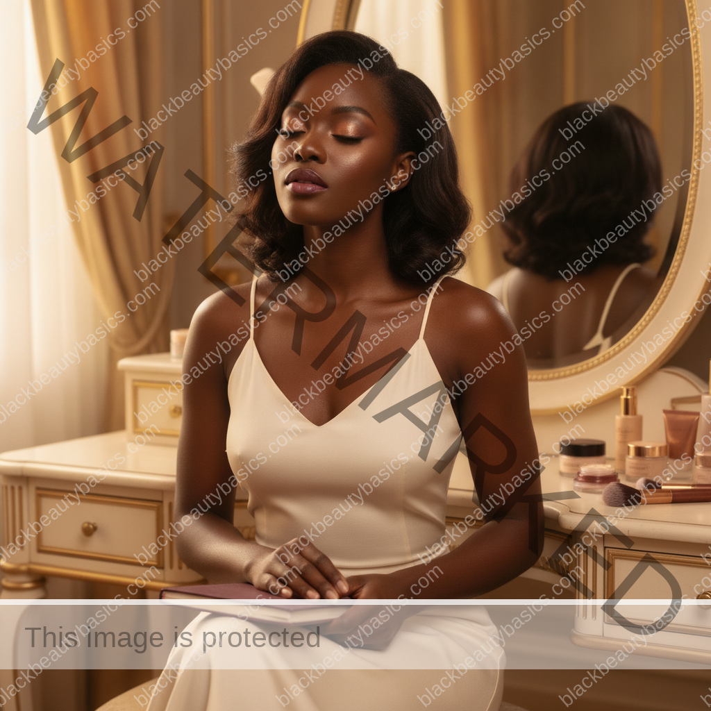 Melanin-rich Black woman reflecting calmly at a vanity while defining her personal beauty philosophy