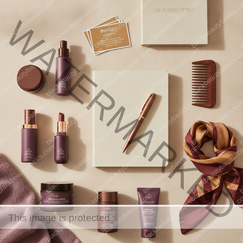 Clean intentional beauty flat lay for How to Create a Personal Beauty Philosophy Instead of Chasing Trends in ivory plum bronze and soft gold tones