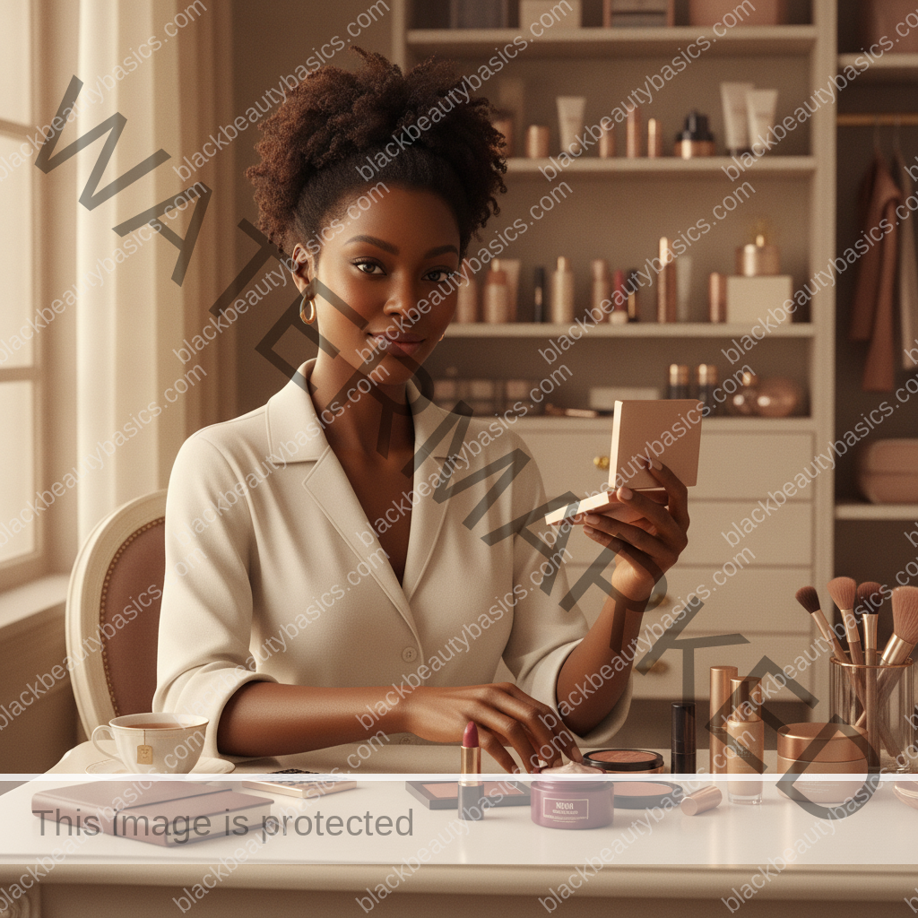 Melanin-rich Black woman with rich brown skin completing an intentional beauty decision step with natural hands