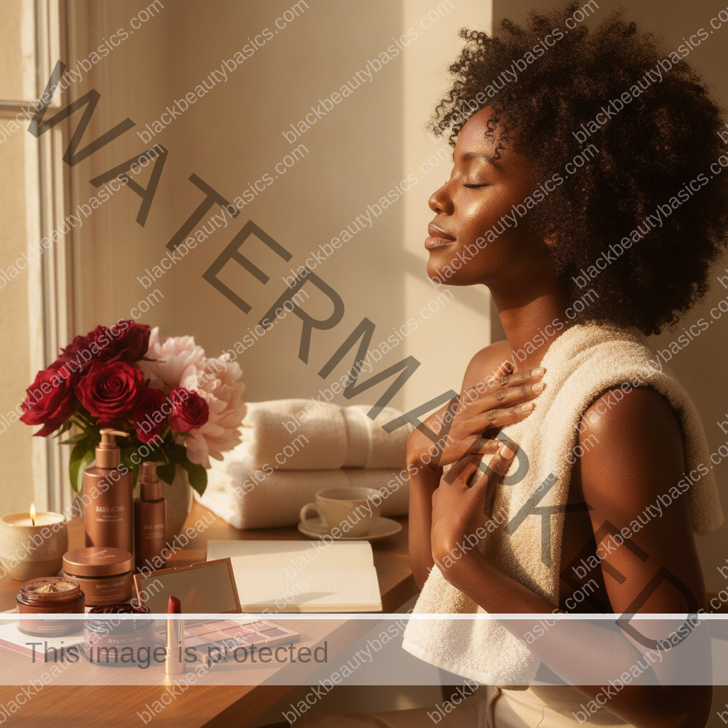 Melanin-rich Black woman with rich brown skin relaxed after a calm beauty ritual