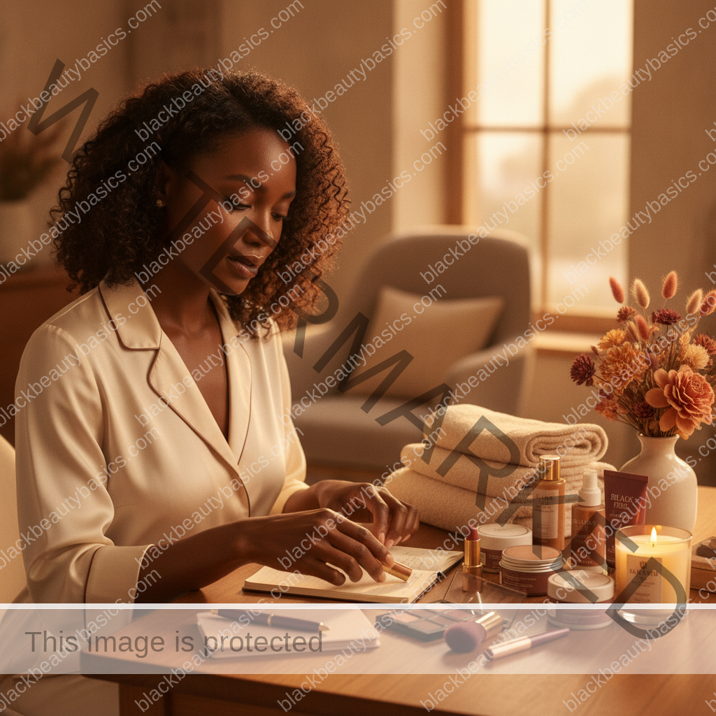 Melanin-rich Black woman with rich brown skin arranging beauty products in a realistic ritual setting