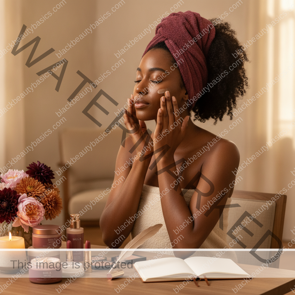 Melanin-rich Black woman with rich brown skin in a calm self-care ritual moment