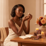 Melanin-rich Black woman with rich brown skin in a warm editorial beauty ritual moment for Curating a Beauty Wardrobe Instead of Hoarding Products