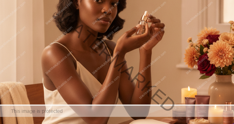Melanin-rich Black woman with rich brown skin in a warm editorial beauty ritual moment for Curating a Beauty Wardrobe Instead of Hoarding Products