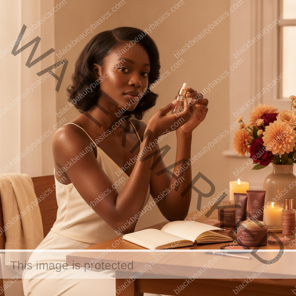 Melanin-rich Black woman with rich brown skin in a warm editorial beauty ritual moment for Curating a Beauty Wardrobe Instead of Hoarding Products