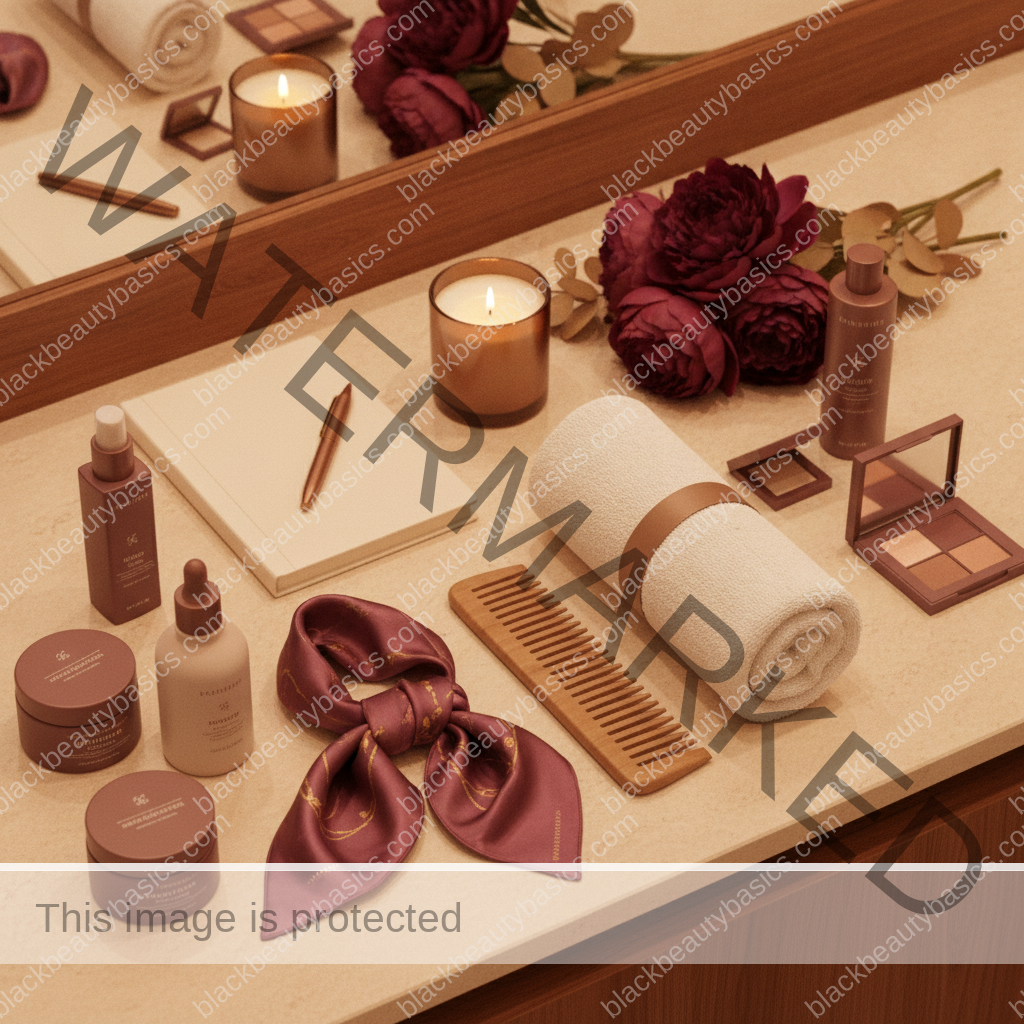 Clean self-care and beauty ritual flat lay for Curating a Beauty Wardrobe Instead of Hoarding Products in ivory plum bronze and soft gold tones
