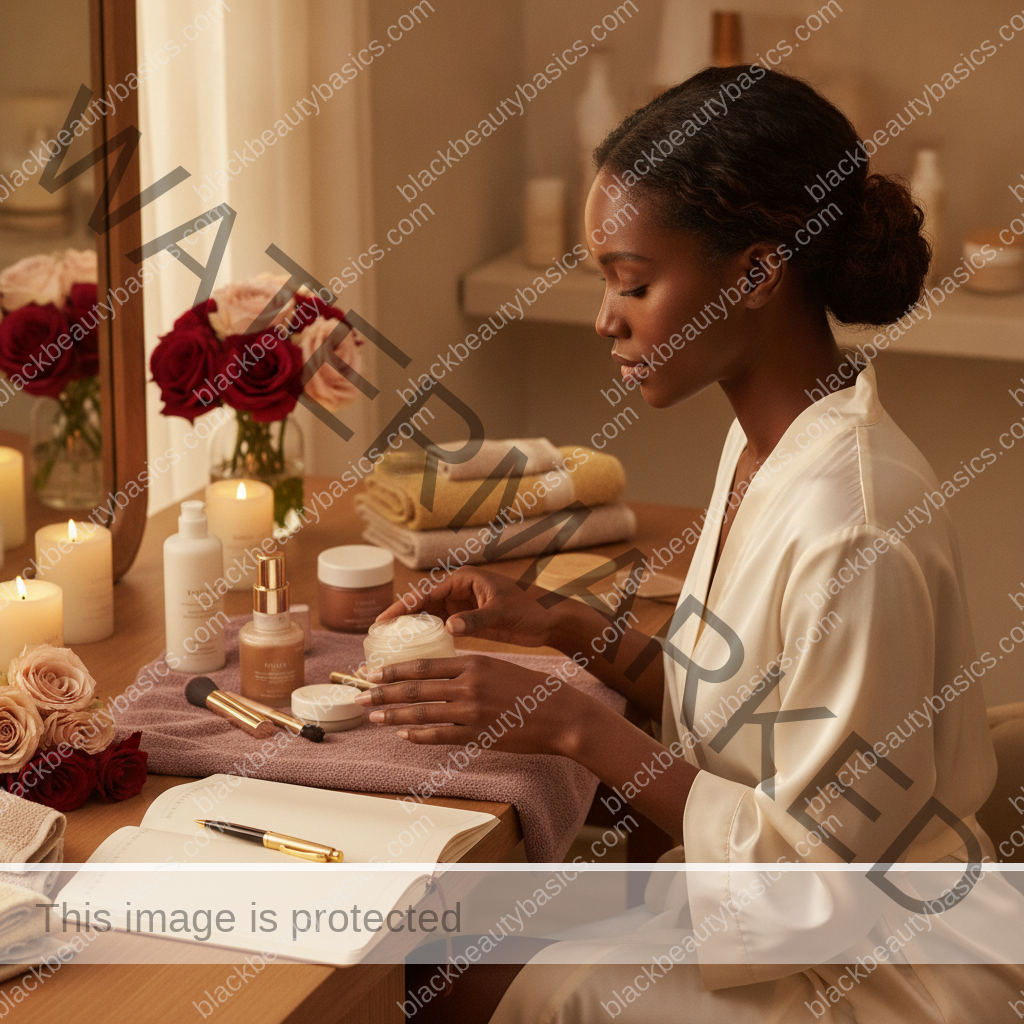 Melanin-rich Black woman with rich brown skin completing a gentle beauty ritual step with natural hands