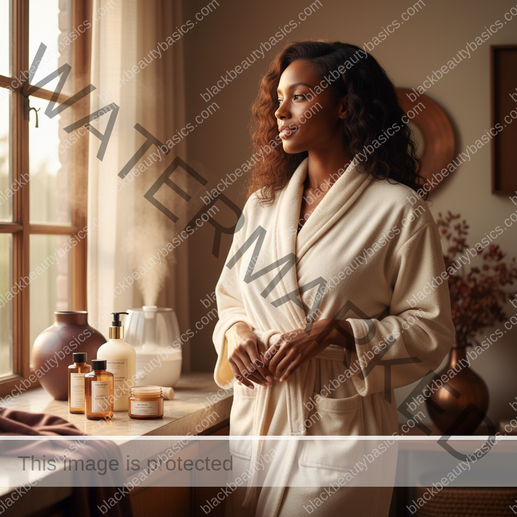 Melanin-rich Black woman relaxed after a warm daily body care routine with softly glowing brown skin