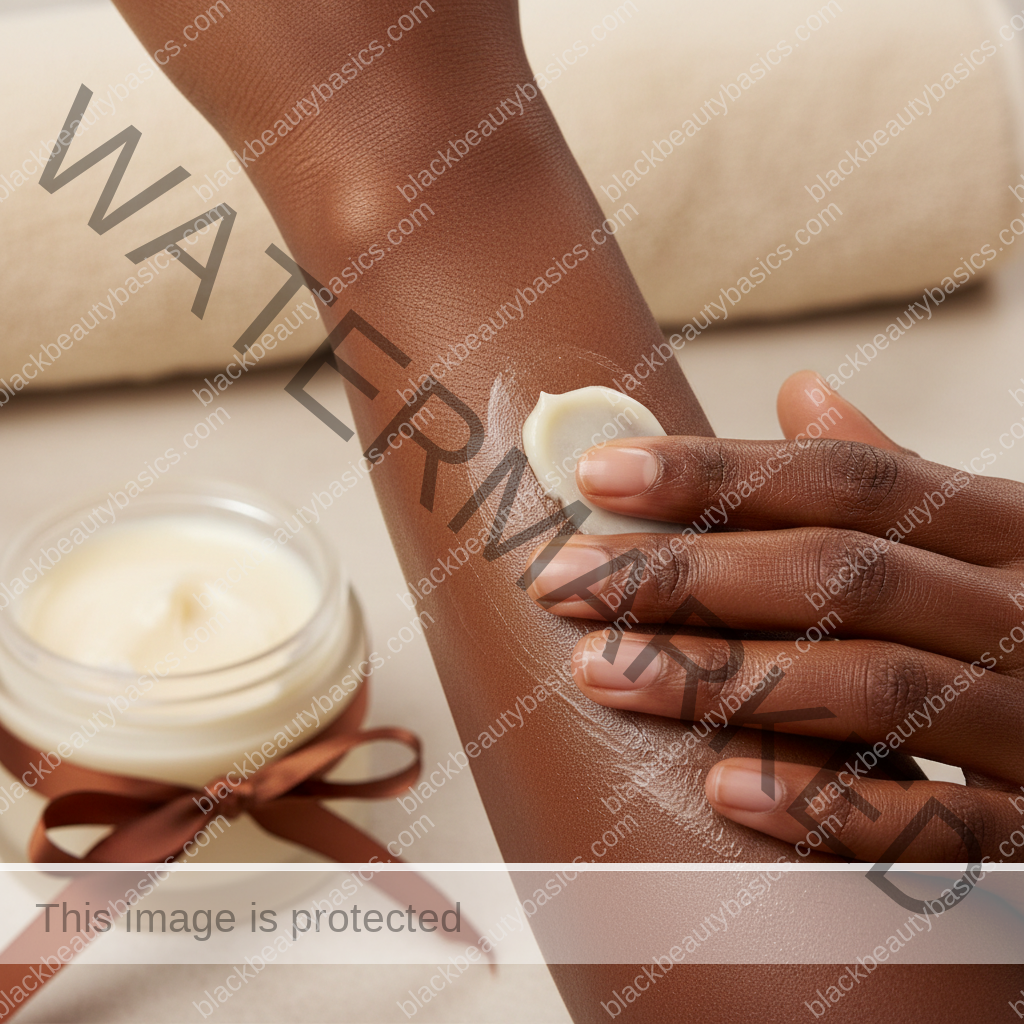 Close body care moment on rich brown skin showing realistic texture and soft moisture glow