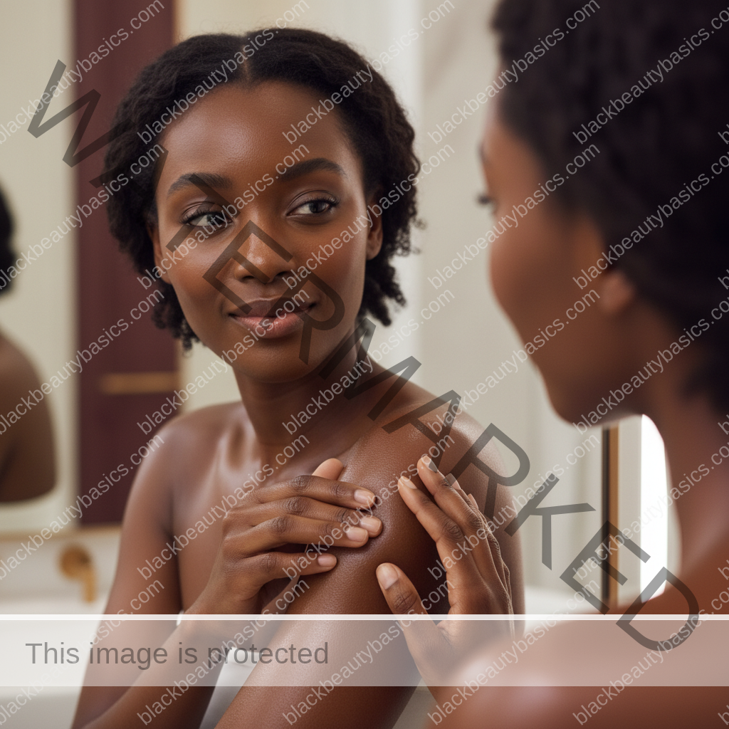 Melanin-rich Black woman with rich brown skin checking comfortable moisturized body skin in soft daylight
