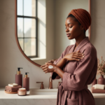 Melanin-rich Black woman with rich brown skin applying body lotion in a warm editorial bathroom setting