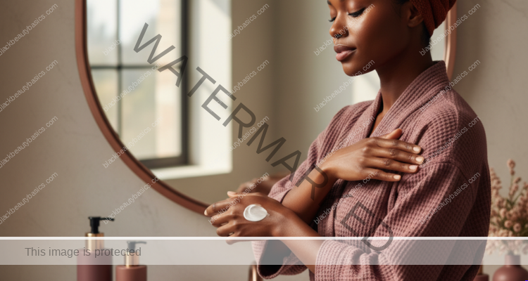 Melanin-rich Black woman with rich brown skin applying body lotion in a warm editorial bathroom setting