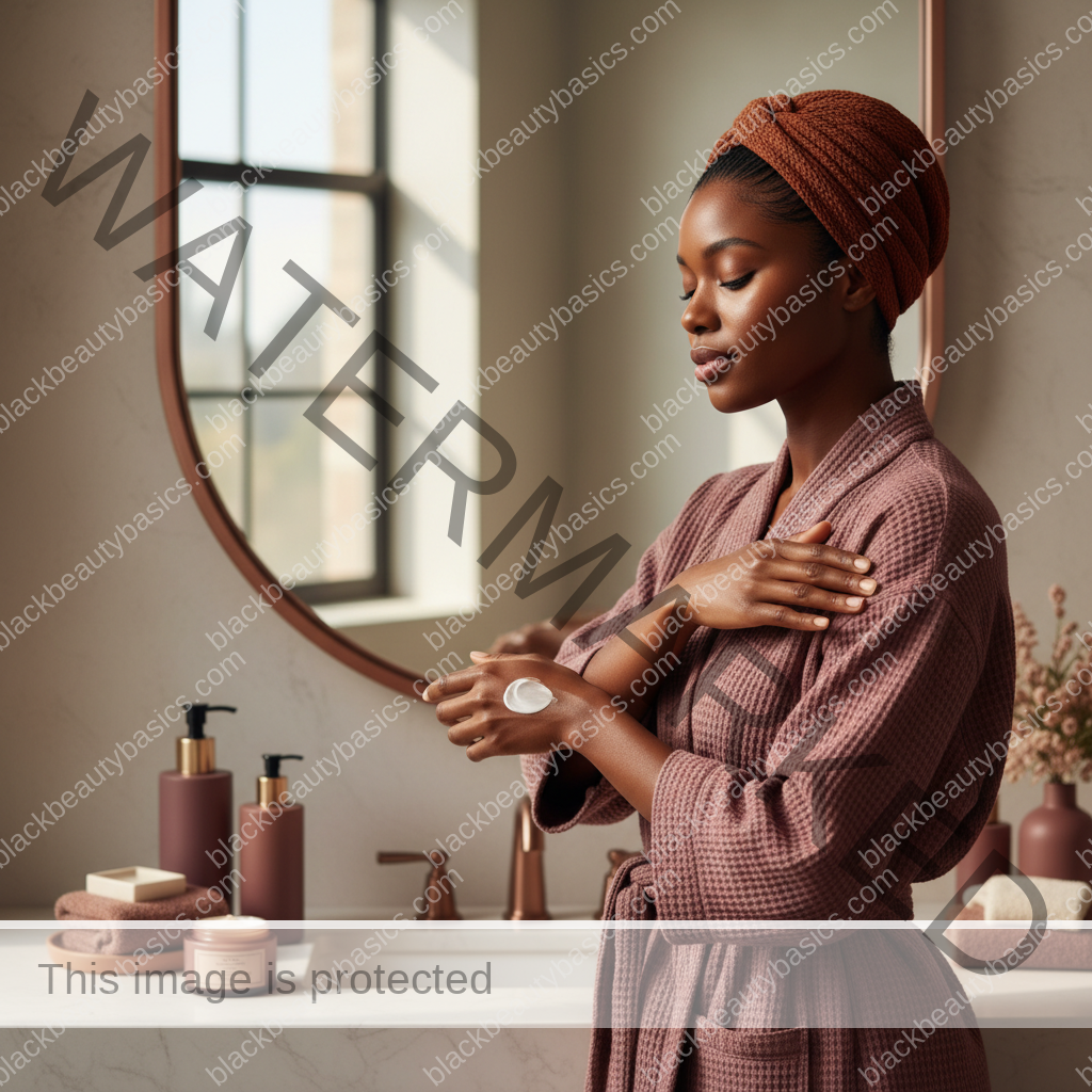 Melanin-rich Black woman with rich brown skin applying body lotion in a warm editorial bathroom setting