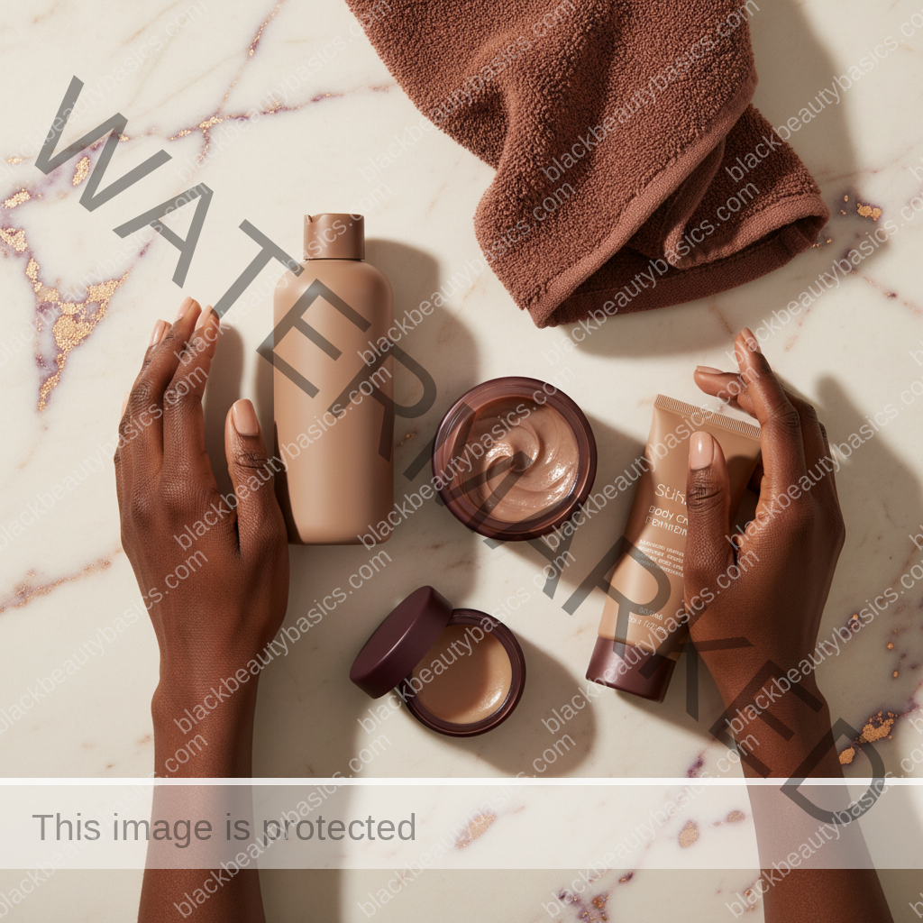 Body care essentials for melanin-rich skin arranged in ivory plum bronze and soft gold tones