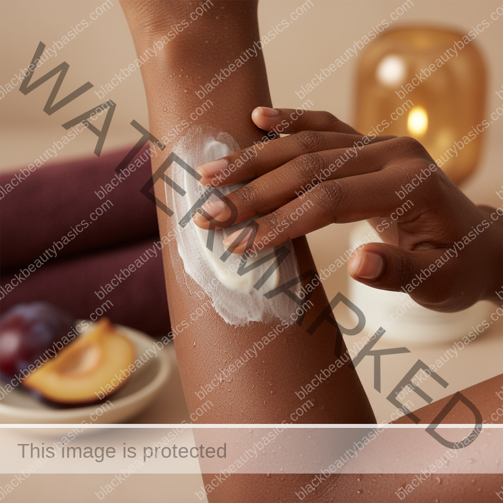 Melanin-rich Black woman applying body moisturizer with natural hands and correct anatomy