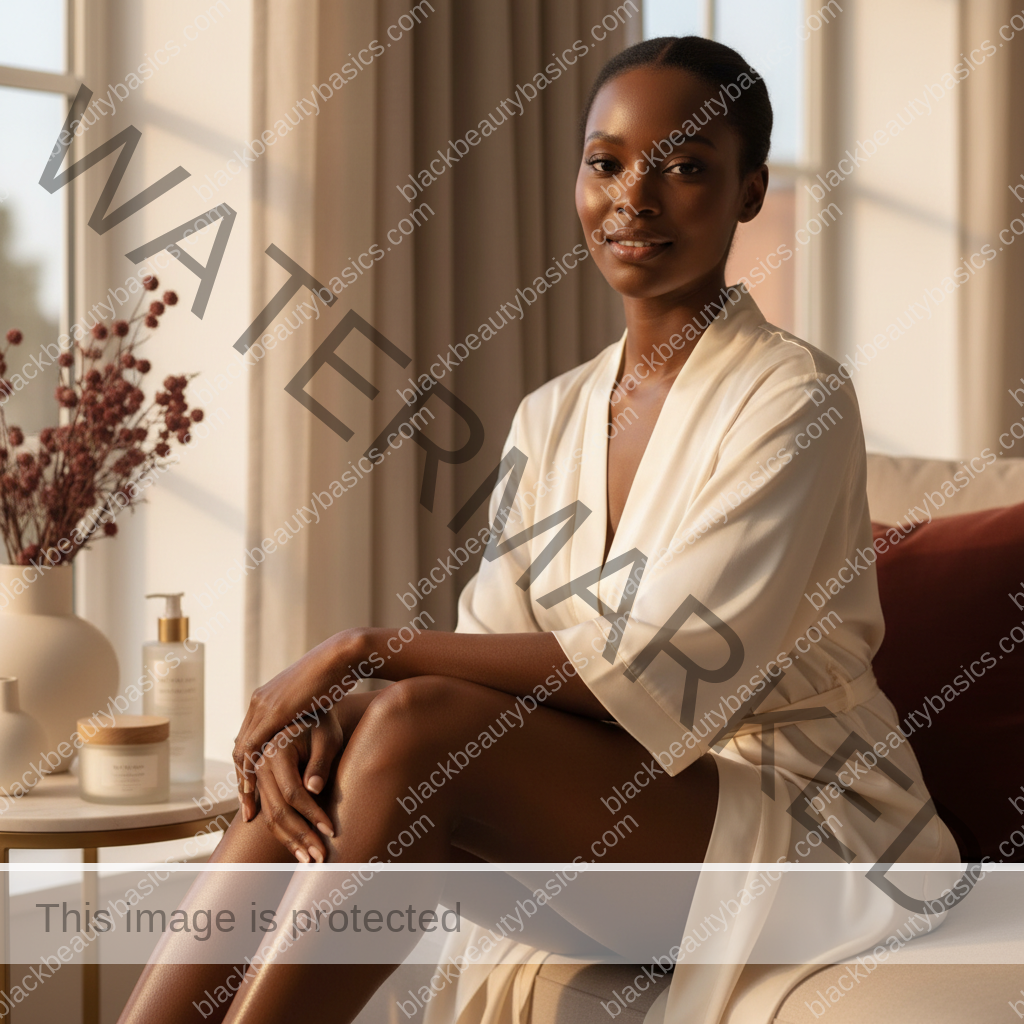 Melanin-rich Black woman with rich brown skin relaxed after a gentle body care routine