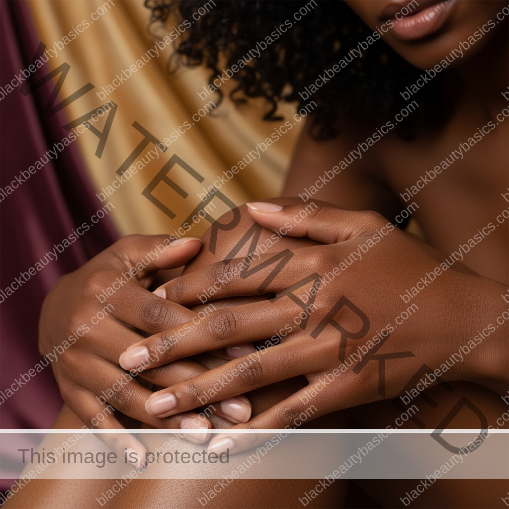 Melanin-rich Black woman with rich brown skin in a soft reassuring body care scene