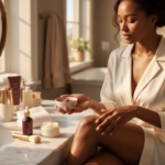 Melanin-rich Black woman with rich brown skin in a warm editorial body care moment for Dark Knees and Elbows: Exfoliation vs Moisturization Priorities