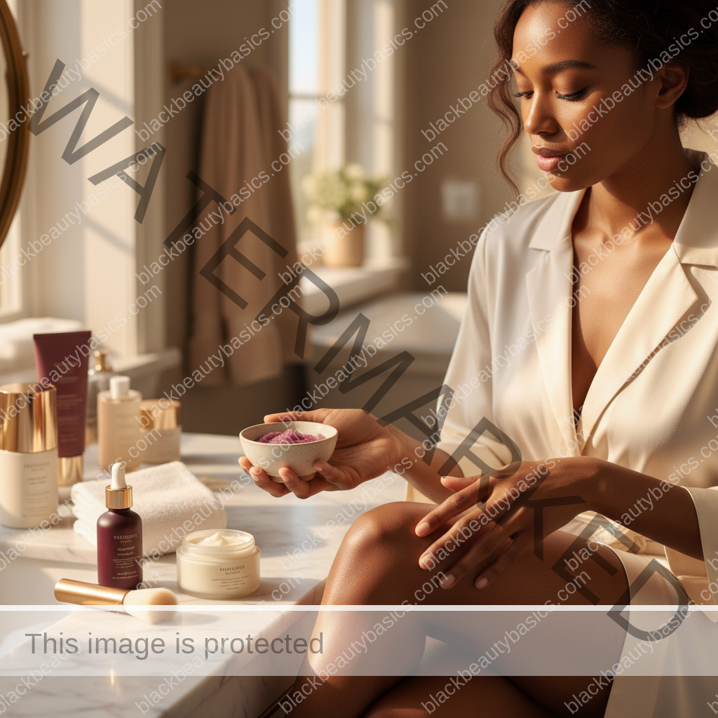 Melanin-rich Black woman with rich brown skin in a warm editorial body care moment for Dark Knees and Elbows: Exfoliation vs Moisturization Priorities