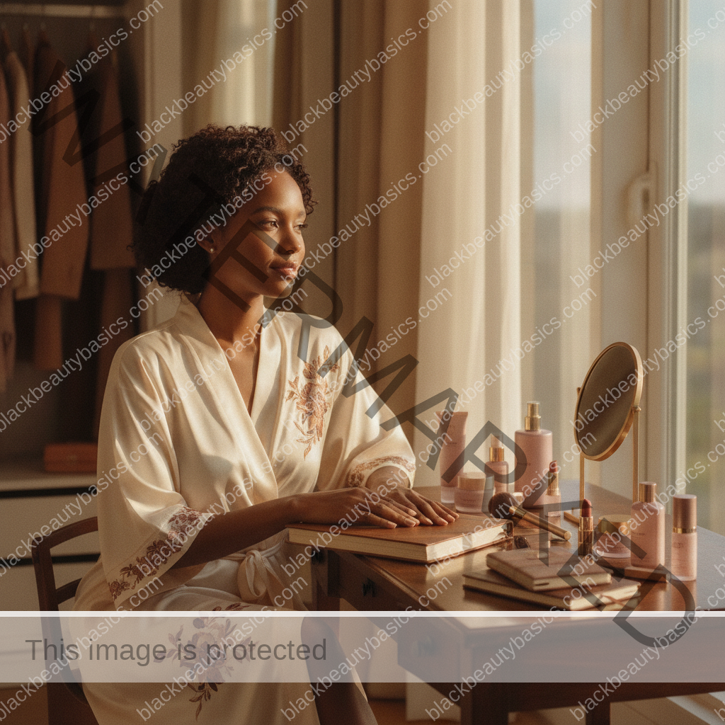 Melanin-rich Black woman with rich brown skin relaxed after defining beauty on her own terms