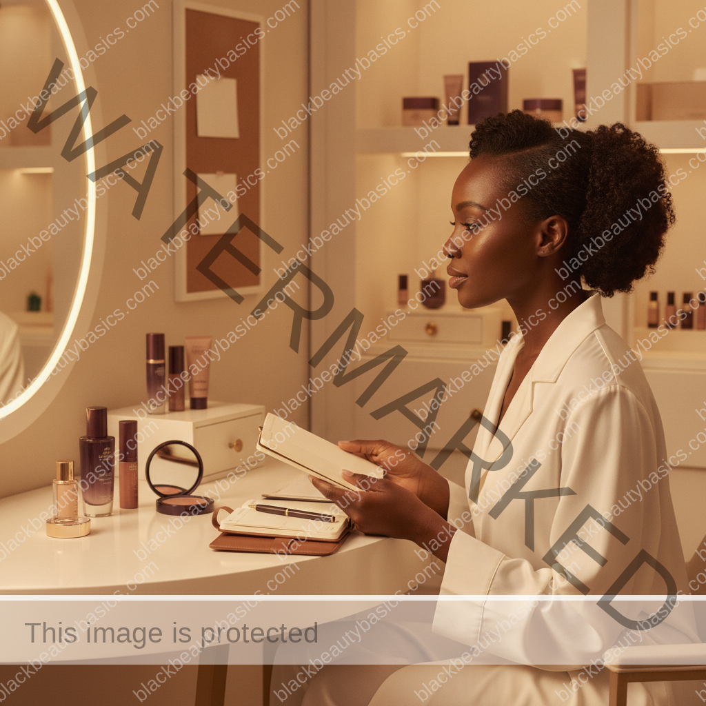 Melanin-rich Black woman with rich brown skin navigating beauty choices in a realistic editorial setting