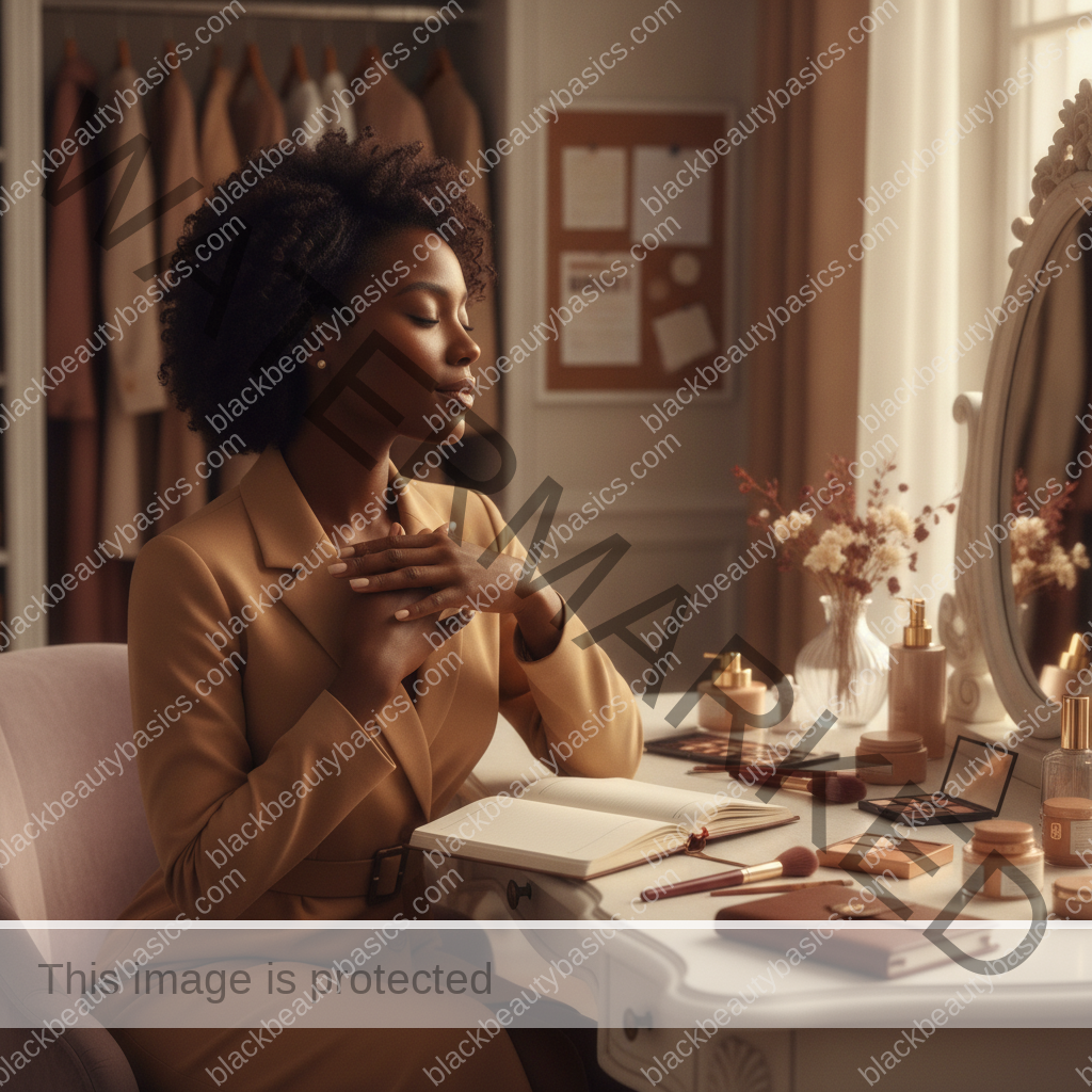 Melanin-rich Black woman with rich brown skin in a calm reflective beauty moment