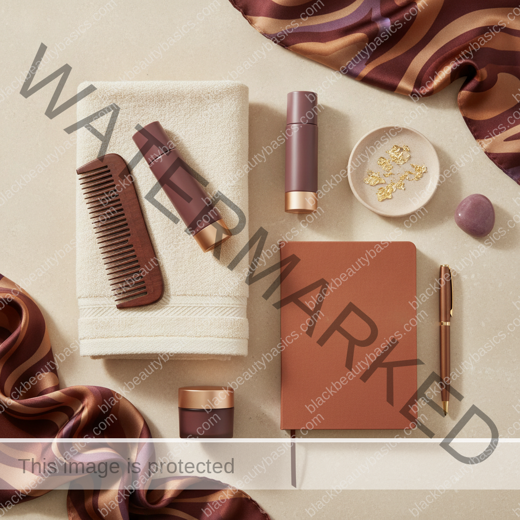 Clean intentional beauty flat lay for How to Define Luxury Beauty on Your Own Terms in ivory plum bronze and soft gold tones