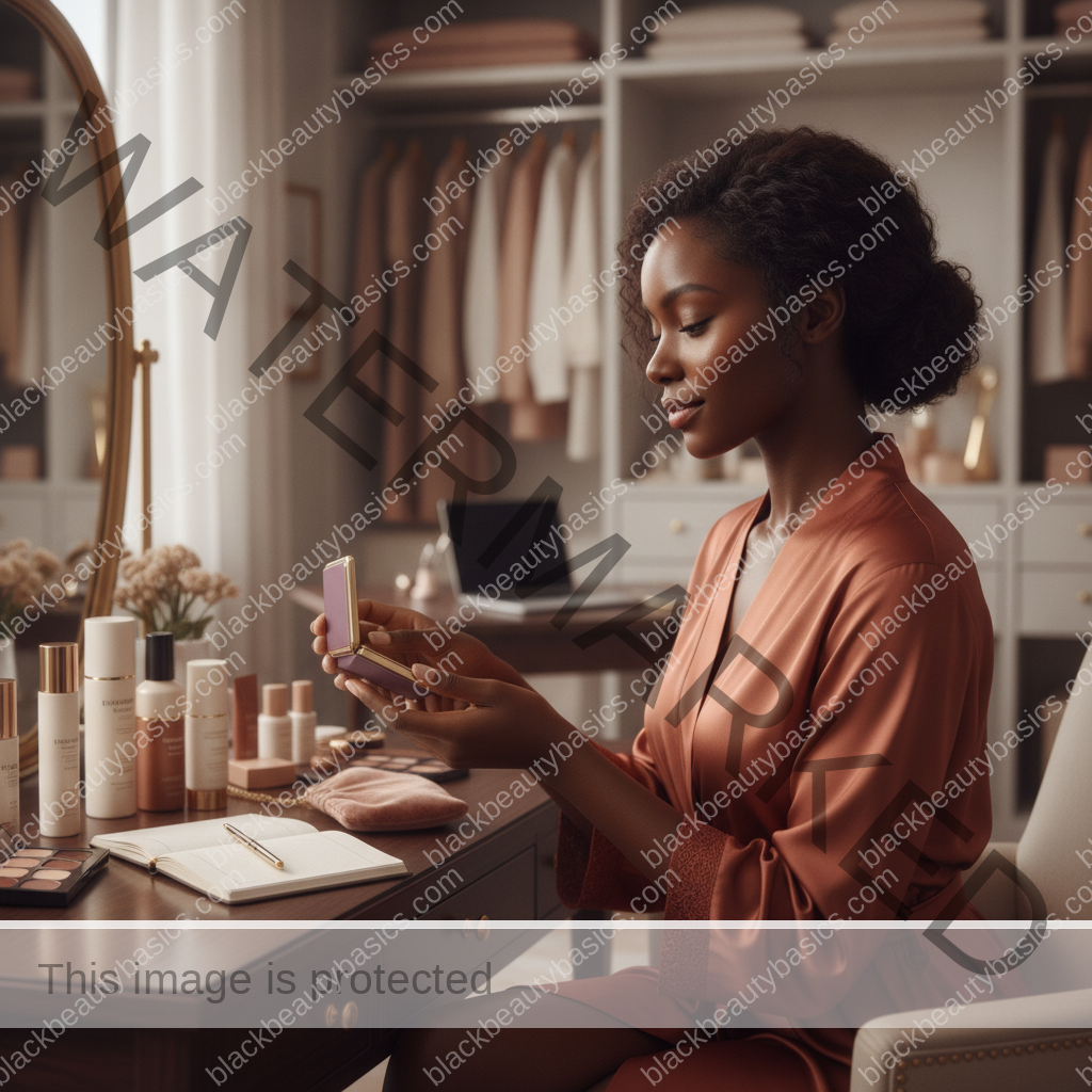 Melanin-rich Black woman with rich brown skin completing an intentional beauty decision step with natural hands