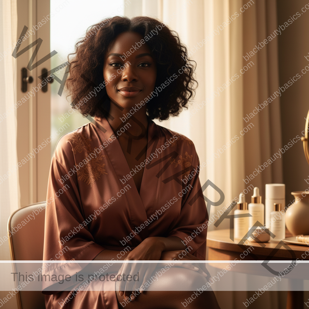 Melanin-rich Black woman with rich brown skin and textured hair relaxed after a calm skin-care or treatment-safety routine
